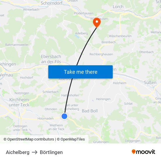 Aichelberg to Börtlingen map