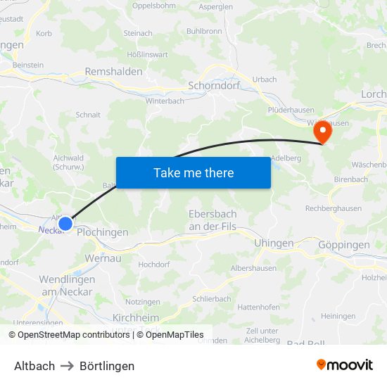 Altbach to Börtlingen map
