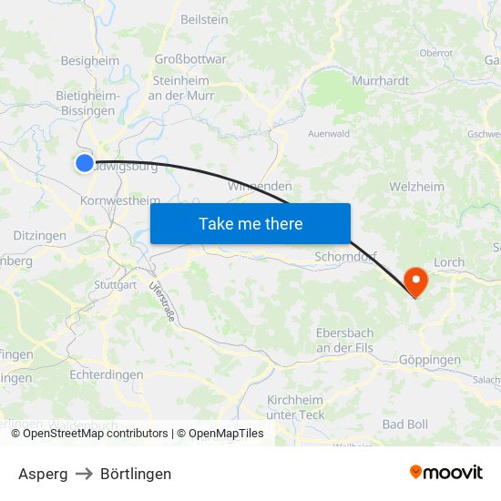 Asperg to Börtlingen map
