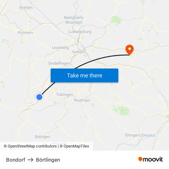 Bondorf to Börtlingen map