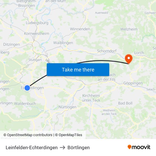 Leinfelden-Echterdingen to Börtlingen map