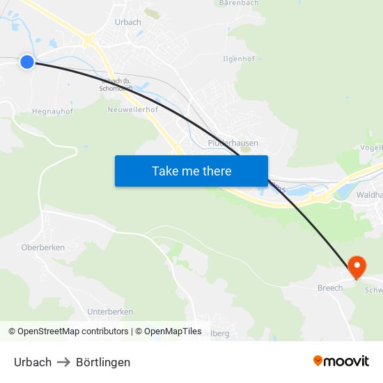 Urbach to Börtlingen map