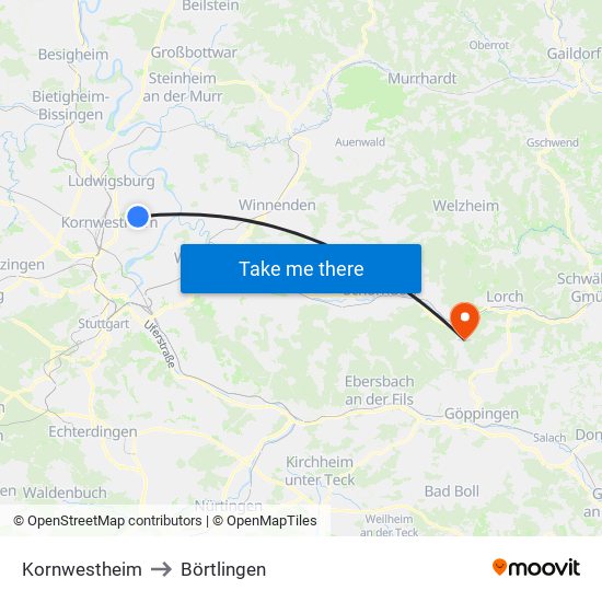 Kornwestheim to Börtlingen map