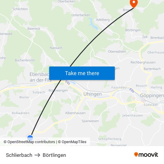 Schlierbach to Börtlingen map