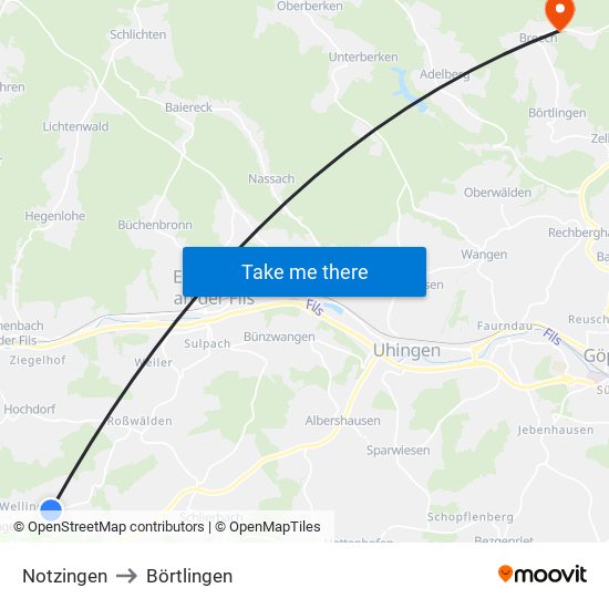 Notzingen to Börtlingen map