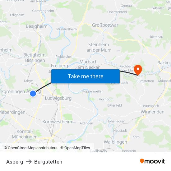 Asperg to Burgstetten map