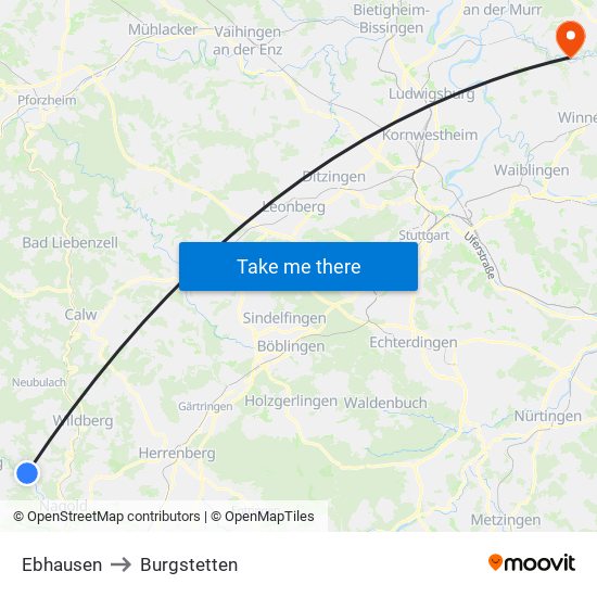 Ebhausen to Burgstetten map