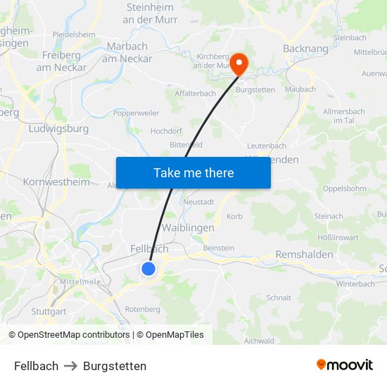 Fellbach to Burgstetten map