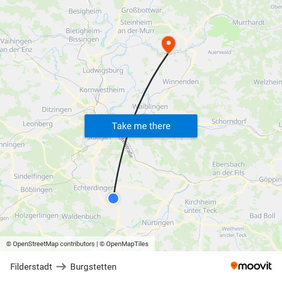 Filderstadt to Burgstetten map