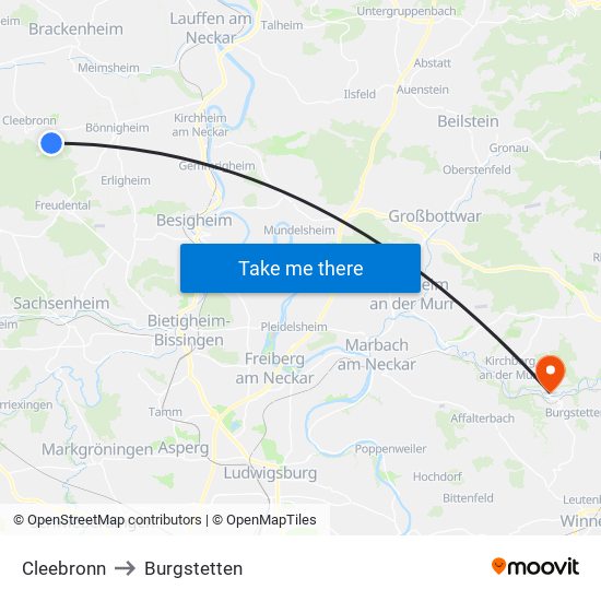 Cleebronn to Burgstetten map