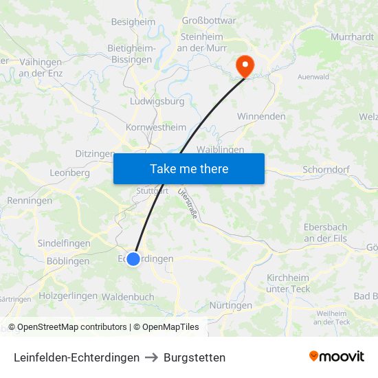 Leinfelden-Echterdingen to Burgstetten map