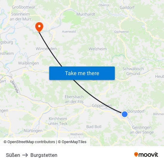 Süßen to Burgstetten map