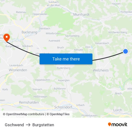 Gschwend to Burgstetten map