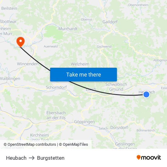 Heubach to Burgstetten map