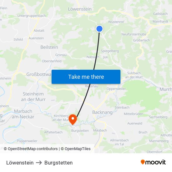 Löwenstein to Burgstetten map