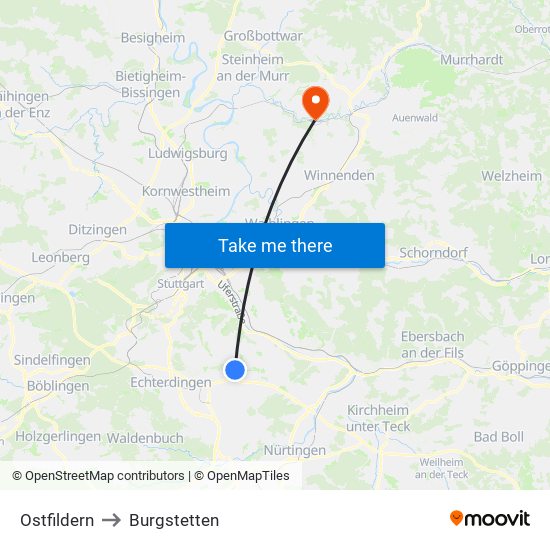 Ostfildern to Burgstetten map