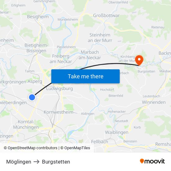 Möglingen to Burgstetten map