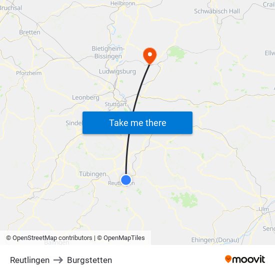 Reutlingen to Burgstetten map