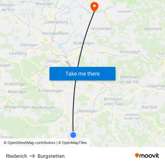 Riederich to Burgstetten map
