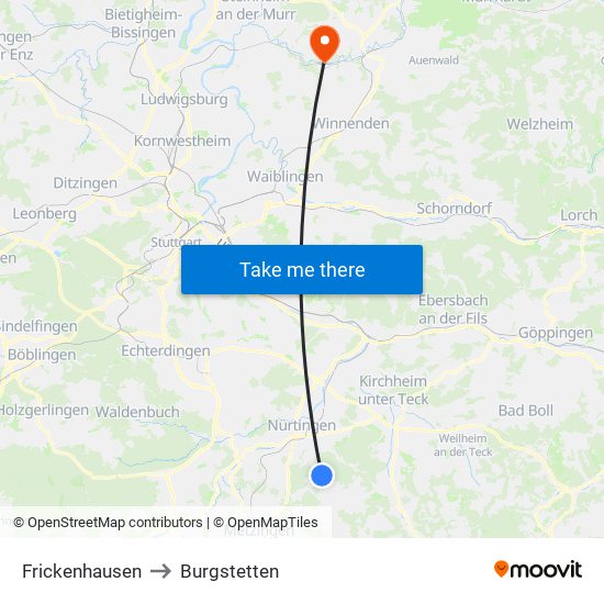 Frickenhausen to Burgstetten map