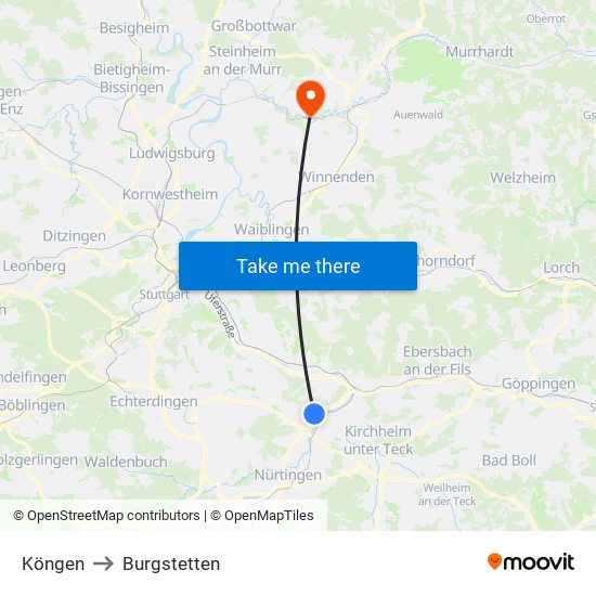 Köngen to Burgstetten map