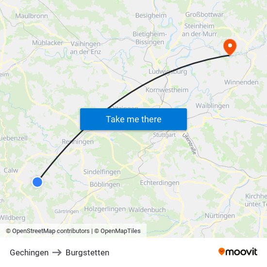 Gechingen to Burgstetten map