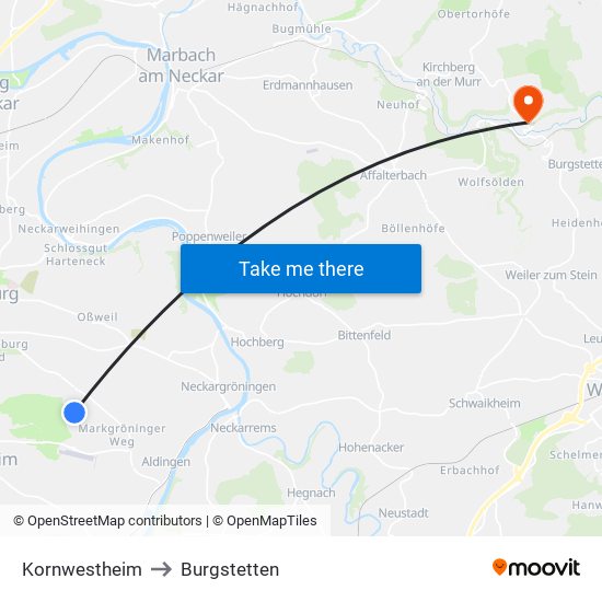 Kornwestheim to Burgstetten map
