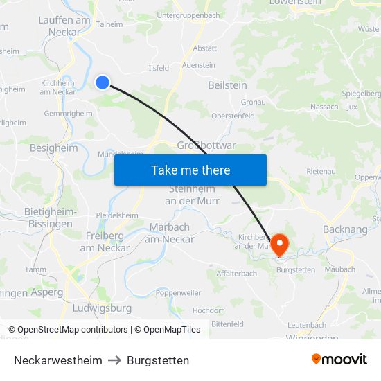 Neckarwestheim to Burgstetten map