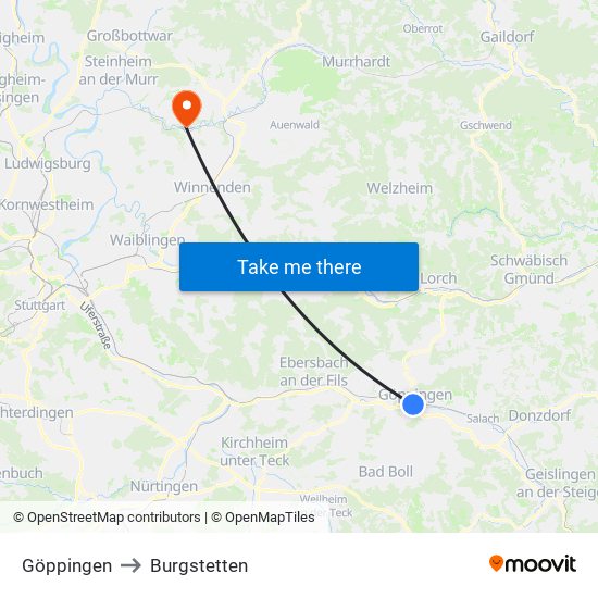 Göppingen to Burgstetten map