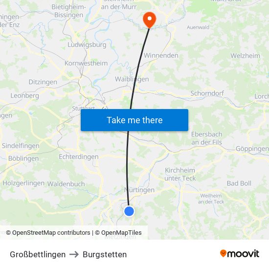 Großbettlingen to Burgstetten map