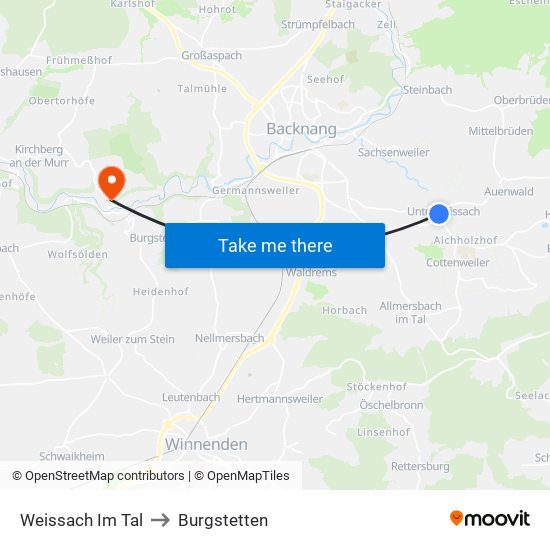 Weissach Im Tal to Burgstetten map