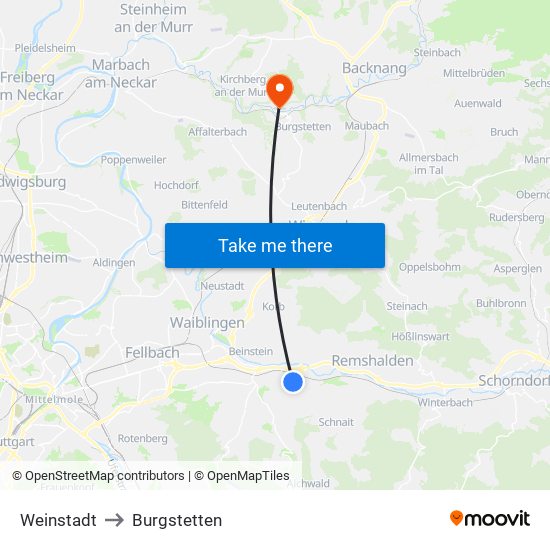Weinstadt to Burgstetten map