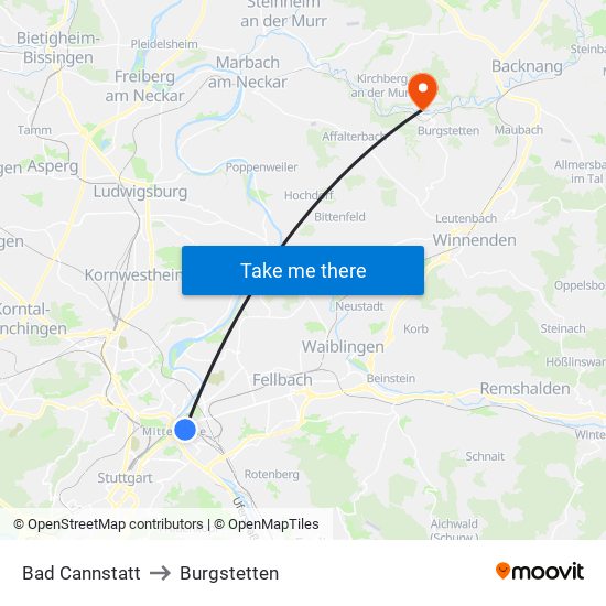 Bad Cannstatt to Burgstetten map