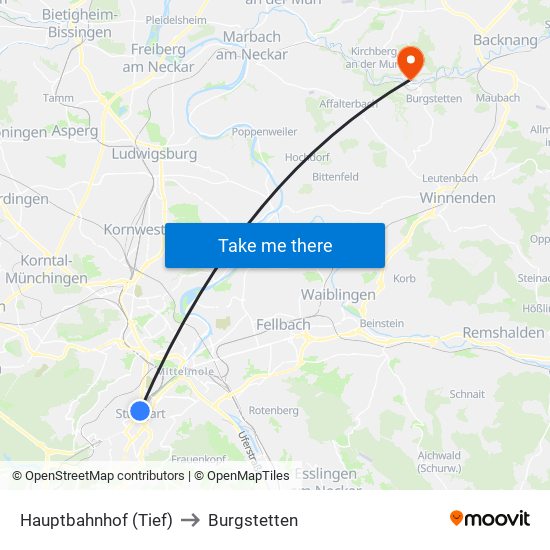 Hauptbahnhof (Tief) to Burgstetten map