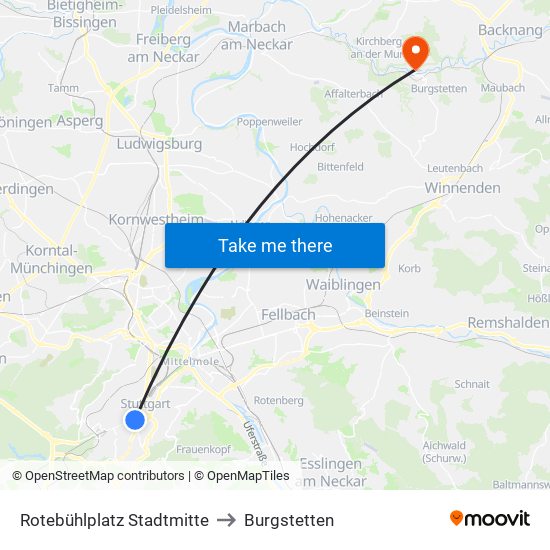 Rotebühlplatz Stadtmitte to Burgstetten map