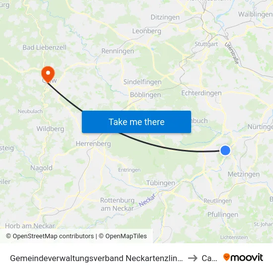Gemeindeverwaltungsverband Neckartenzlingen to Calw map