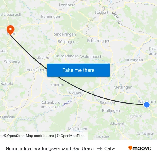 Gemeindeverwaltungsverband Bad Urach to Calw map