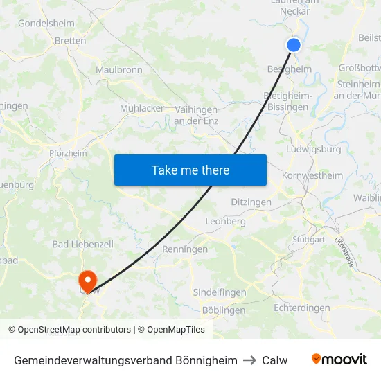 Gemeindeverwaltungsverband Bönnigheim to Calw map