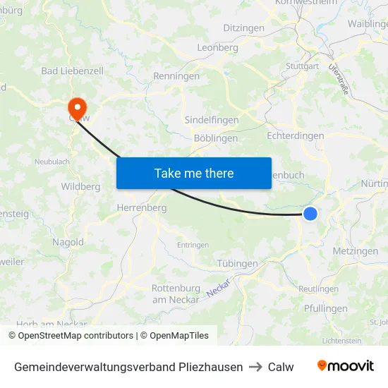 Gemeindeverwaltungsverband Pliezhausen to Calw map