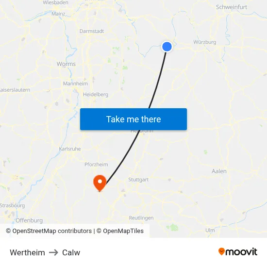 Wertheim to Calw map