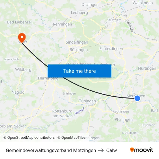 Gemeindeverwaltungsverband Metzingen to Calw map