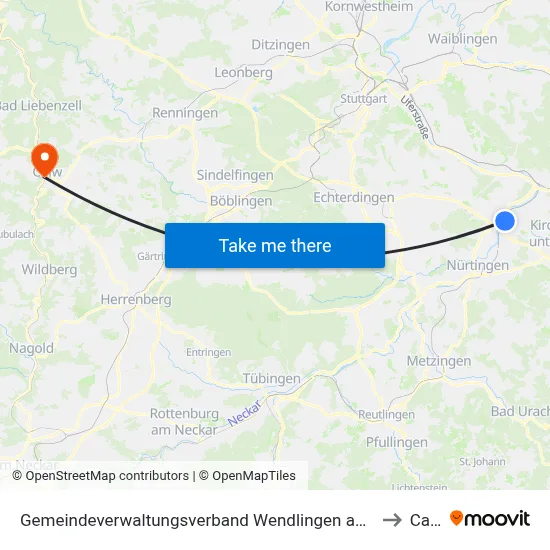 Gemeindeverwaltungsverband Wendlingen am Neckar to Calw map