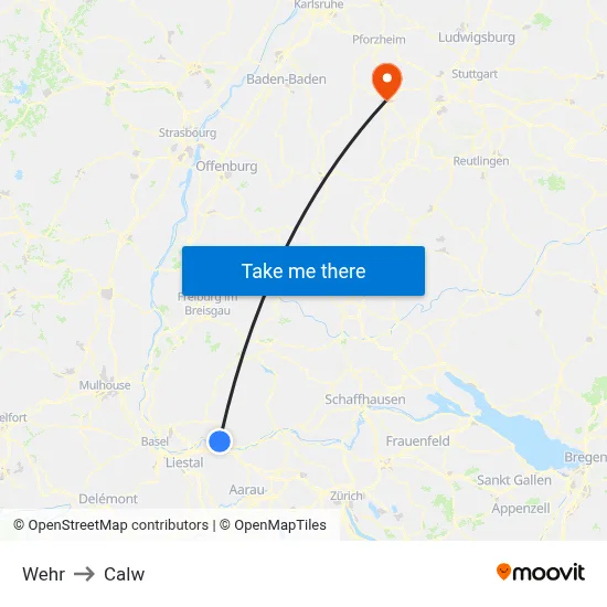 Wehr to Calw map
