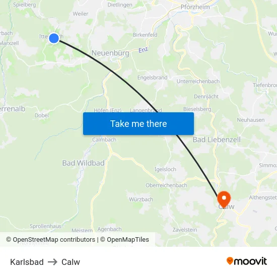 Karlsbad to Calw map