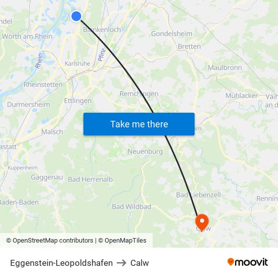 Eggenstein-Leopoldshafen to Calw map