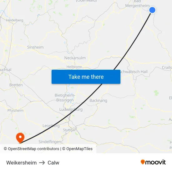 Weikersheim to Calw map
