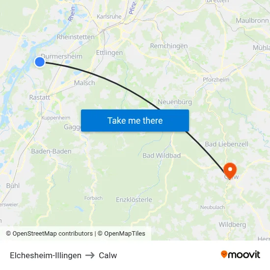 Elchesheim-Illingen to Calw map
