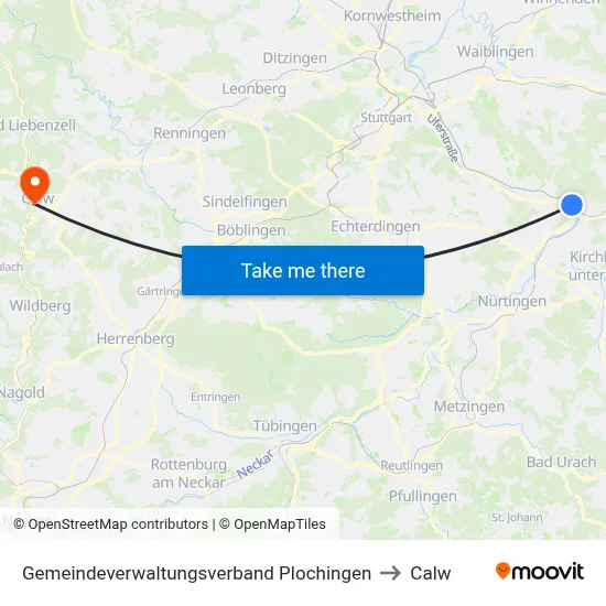 Gemeindeverwaltungsverband Plochingen to Calw map