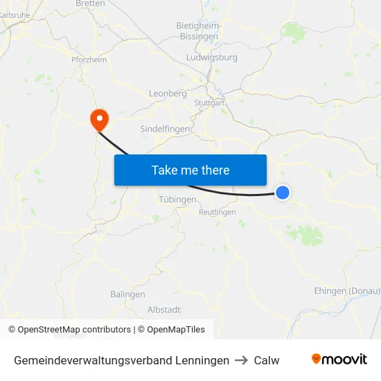 Gemeindeverwaltungsverband Lenningen to Calw map