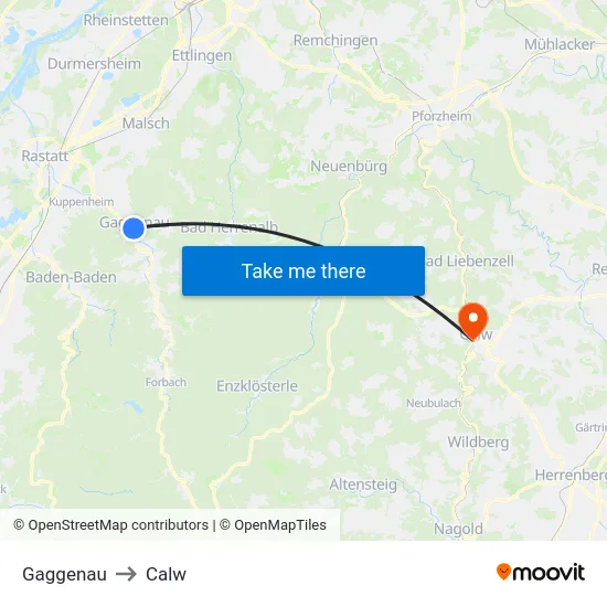 Gaggenau to Calw map